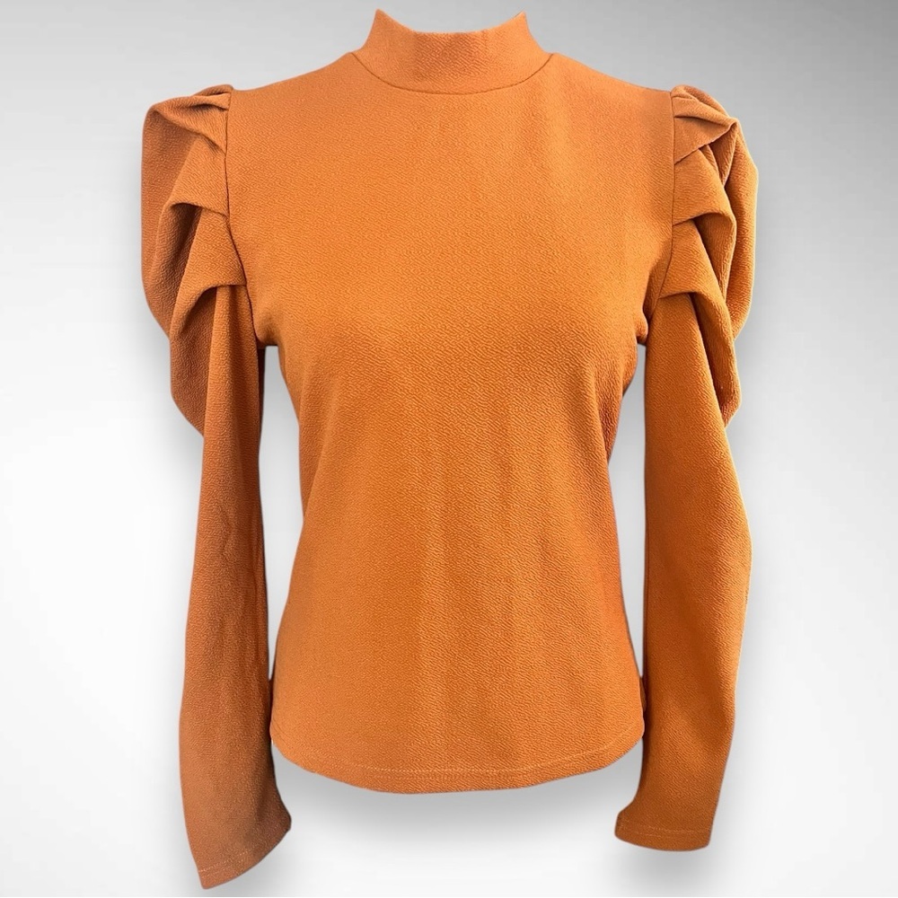 Camel Mock Neck Ribbed Long Sleeve Knit Top W/ Exaggerated Shoulders Large | EUC - Picture 2 of 9